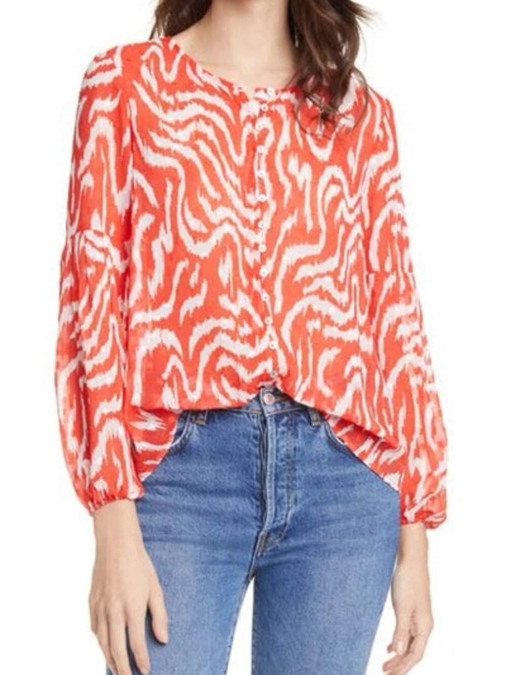 Dolan Matilda Clip Jaquard Chiffon Blouse Red Tiger Pattern Size S Maximalist